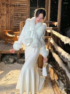Werkjurken Chinese stijl rokken set winter vierkante nek geborduurde gesplitste bont jas vrouwen kleding vissenstaart lange rok tweedelig