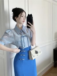 Robes de travail costume de style chinois femmes cardigan légèrement ouvert chemise taille haute bouton enveloppé hanche jupe deux pièces ensemble mode femme