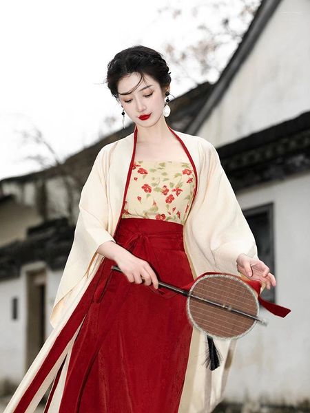 Robes de travail Cardigan de protection solaire de style chinois amélioré Hanfu 3 pièces femmes costume ensemble imprimé floral jarretelle taille haute jupe rouge châle