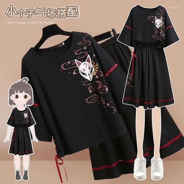 Vestidos de trabajo Conjunto de mujeres de estilo chino Hanfu Falda de media línea modificada Diario Camiseta de manga corta negra Trajes de dos piezas