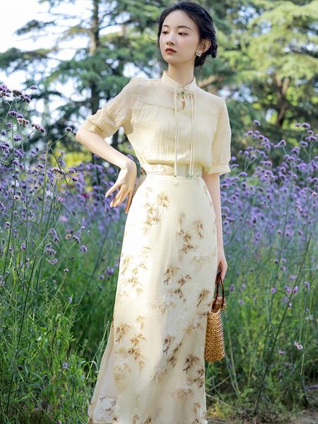 Robes de travail costume d'été pour femmes chinoises français amélioré Cheongsam jupe fronde chemise coton lin trois pièces ensembles romantique Vintage