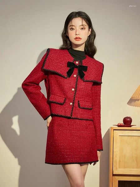 Robes de travail Christmas Red Tweed Ensembles de Jupes Fall Hiver Sweet Bow Abel Joute de veste courte Jupe en deux pièces pour femmes