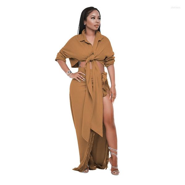 Robes de travail CHYXSB 2022 Casual Street Femmes Costume Mode À Manches Longues Revers Top Fourche Ouverte Etage Longueur Jupe Lady Pure Color 2 Pièces Ensembles