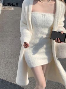 Werkjurken Cjfhje Winter Knust Casual Cardigan Coat Vrouwen Y2K Koreaanse zwarte mode Tweede stuks sets Jurk Vrouw Vintage White Mini