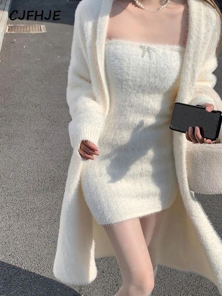 Robes de travail cjfhje winter tricot cardigan décontracté manteau femme y2k coréen noir fashion en deux morceaux robes femelle vintage blanc mini
