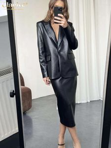 Werkjurken Clacive Mode Zwarte Pu Lederen Roksets Voor Vrouwen 2 Stuks Elegante Lange Mouw Blazers Met Hoge Taille Rokken Pakken