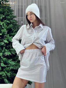 Werkjurken Clacive mode los zilver 2 -delige sets vrouwen outfit 2024 elegant shirt met lange mouwen met hoge taille mini -rokken set vrouw