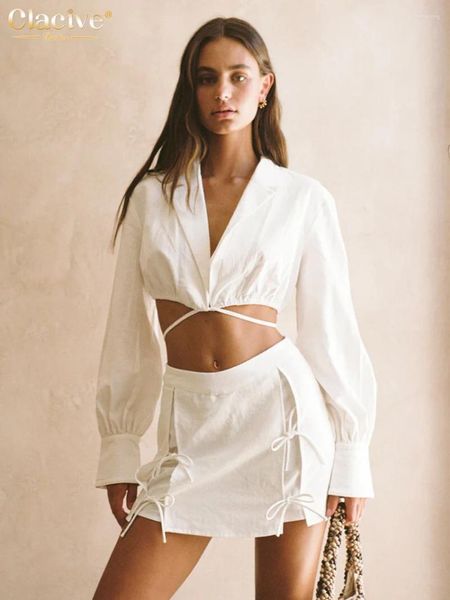 Robes de travail Clacive Sexy Slim coton blanc 2 pièces ensembles femmes tenue 2024 moulante à manches longues haut court avec taille moyenne mini jupes ensemble