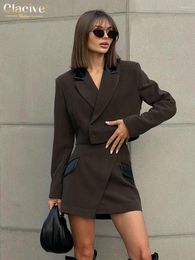 Robes de travail Clacive hiver mince brun bureau femmes 2 pièces tenue ensemble 2023 élégant haut court à manches longues avec mini jupes taille haute