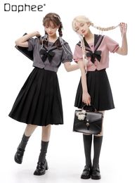 Vestidos de trabajo El atuendo de niña de estilo universitario JK uniforme de marinero Traje de marinero Black Pink Puff Swink Camisas Top Summer Midi Sets
