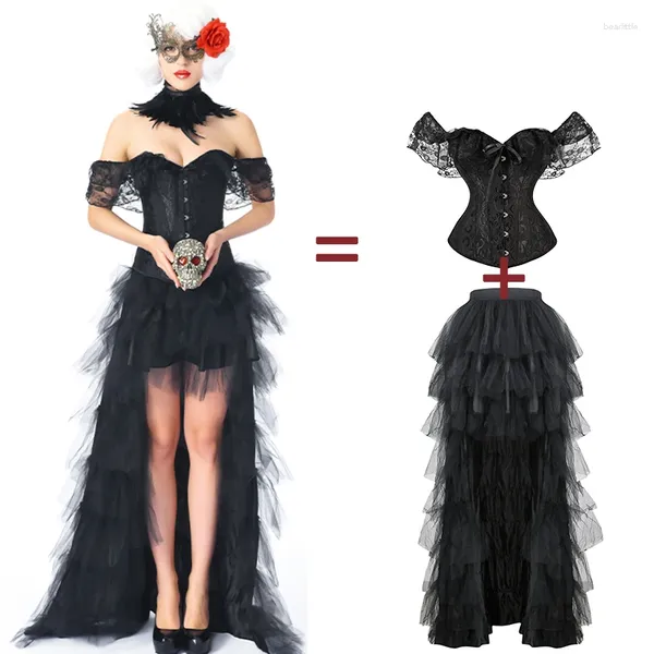 Vestidos de trabajo Corsé Top Falda Conjunto Estilo Steampunk Ropa gótica Mujer Fiesta Corpiño Corsé negro Rendimiento Vintage Bustier Faldas de malla