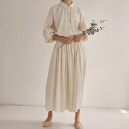Vestidos de trabajo Gasa de algodón Traje de mujer Elegante Camisa de manga de linterna Faldas Coreanas Japonesas Conjuntos de dos piezas Trajes de fiesta de playa sexy