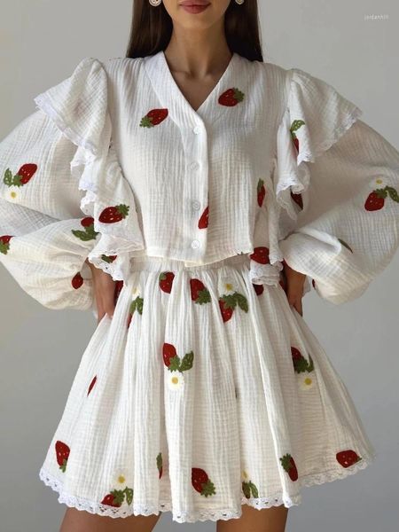 Robes de travail Robe en lin de coton tenues deux pièces volants mignon style doux imprimé haut à manches longues et jupe ensembles assortis pour les femmes d'été