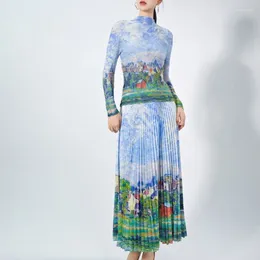 Robes de travail COZOK plissé femmes peinture à l'huile élastique à manches longues bas T-shirt jupe longueur cheville mode deux pièces ensembles WT312