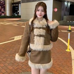 Werk Jurken Leuke Winter Nepbont 2-delige Rokset Dames Casual Y2k Kleding Blazers Jasje Jassen Rokken Koreaanse Mode Pakken Kawaii Chic