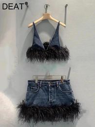 DEAT Trendy dames gesplitste verenzoom denim slingvest knoopzak hoge taille wrap heuprok vrouwelijk 2024 lente 11XX8125