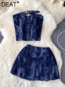 DEAT Vintage denim tweedelige set dames sexy off-shoulder elastisch slank strapless hoge taille geplooide rokken 2024 zomer 11XX4143