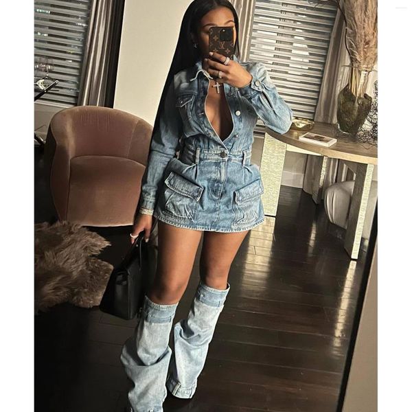 Robes de travail Denim poche Jean vestes robe 2 pièces jupe ensembles 2024 hiver automne Y2K Streetwear Sexy élégant Cargo deux ensemble