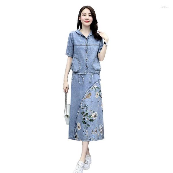 Robes de travail Denim jupes ensemble femmes été 2023 longue jupe costume à capuche impression femme deux pièces à manches courtes jean tenue dames