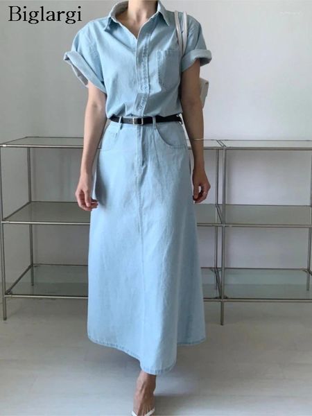 Robes de travail Denim Summer 2 Set Two Piece Fashion Fashion Casual Ladies Cropped Shirts Blouse Split Korean Loose Pleed Femme Long Jirts