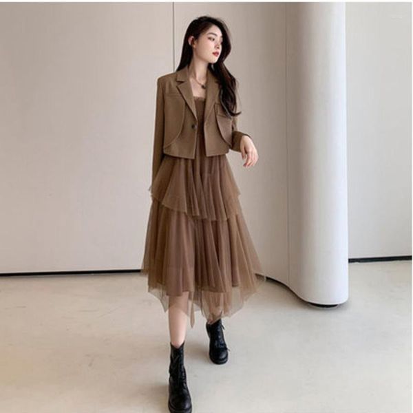 Vestidos de trabajo Diseño Coreano Mujeres Moda Elegante Blazer Vintage Conjunto de dos piezas Advanced Slingdress Blazers Femme Robe Vestido De Mujer