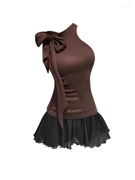 Robes de travail Design Sexy tenues de jupes en 2 pièces Set Brown Coldleneck Tops sans manches Slim Elastic A-Line Coquette Gyaru