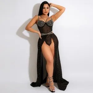 Robes de travail Diamants Maille Deux Pièces Ensemble Femmes Sexy Bretelles Spaghetti Body Top À Lacets Split Maxi Jupes Club Robe De Soirée Costumes