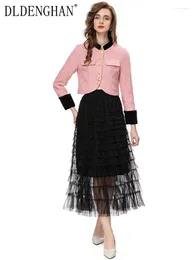 Robes de travail dldenghan mode DesignEraTumn Set Femmes Single Breasted Tweed Courte courte taille élastique Ruffle Mesh Jirt