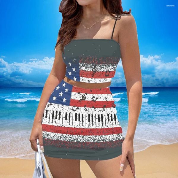 Vestidos de trabajo Doginthehole Trend Teen Girls Vestido corto suave Conjunto Piano Bandera estadounidense Top corto de dos piezas y mini faldas Trajes de verano