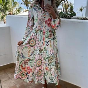 Werkjurken jurk bohemia elegante bloemenprint lange mouw turn down kraag kleurrijkstijl maxi casual vrouwelijke kleding zomervrouwen
