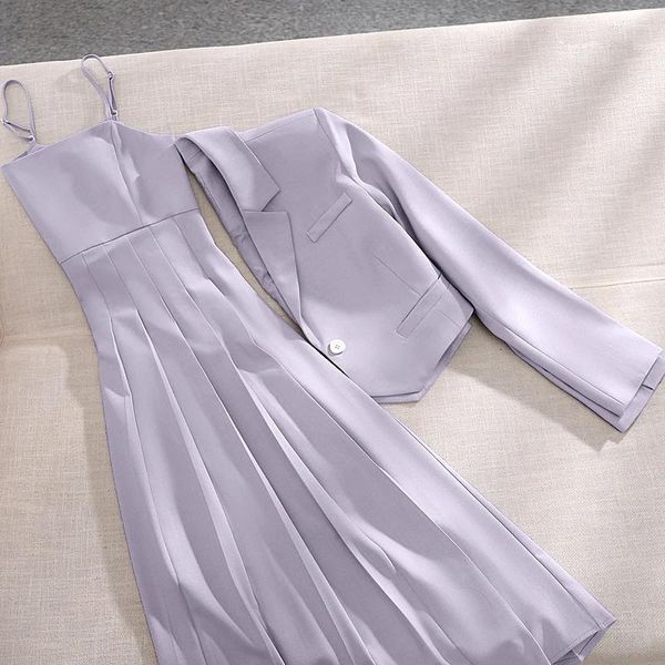 Robes De travail robe costumes élégant violet sangle plissée tenue De bureau femmes affaires Blazer Mujer De Moda veste costume Vestido 2 ensemble