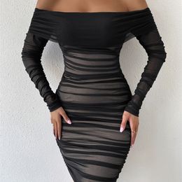 Werkjurken kledingmeecb Off schoudergaasjurk vrouwen kleding sexy club backless ruched bodycon lange mouwen herfstvestidos 220902