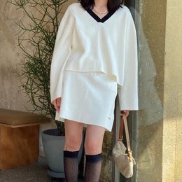 Vestidos de trabajo Principios de otoño Moda para mujer Jupe Set Polo para mujer Cuello de manga larga Jersey Top y cintura elástica Mini falda de una línea