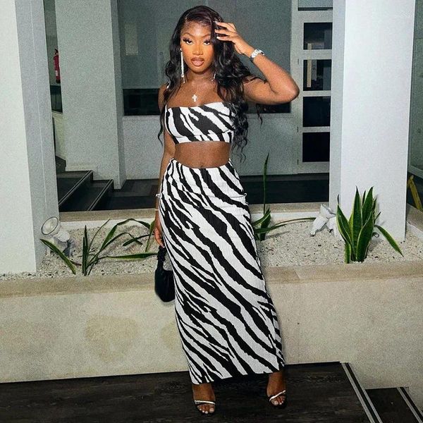 Robes de travail Echoine Zebra Print Spaghetti Crop Top Midi Jupe Ensemble Deux Pièces Sexy Élégant Soirée Robe D'été Streetwear