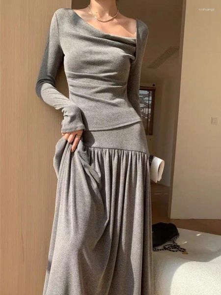 Robes de travail élégants tricots en 2 pièces Femmes Collier de pile à manches longues Slim Top A-line jupe d'automne d'hiver