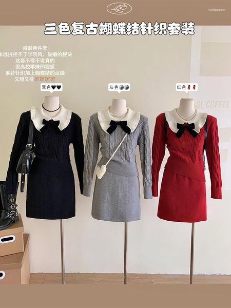 Robes de travail élégantes tricotées deux pièces ensemble femmes arc conception pull pull mini jupe trapèze automne hiver Y2K tenues ajustées