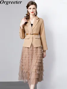 Robes de travail élégantes OL Blazer jupe ensembles printemps automne veste décontractée femmes deux pièces ensemble taille élastique volants