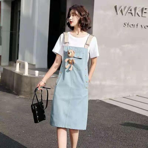 Vestidos de trabajo Estceque Conjunto de dos piezas Bear Denim Strap Mujer Monos Tallas grandes Jean Faldas Vestido de mujer de manga corta Vintage Streetwear