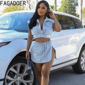 Werkjurken FAGADOER lichtblauw mode streetwear dames denim kraag mouwloze crop top en bandage cargorokken tweedelige sets