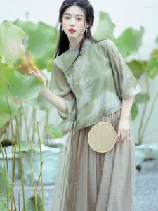 Werkjurken Fairy Hanfu Vintage tweedelige set Chinese stijl Stand Kraag inkt Gedrukte Chiffon Top Losse lange rok Elegante vrouwelijke outfit