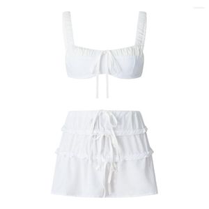 Vestidos de trabajo Fairycore, sujetador blanco de dos piezas, Tops, falda, trajes de verano para mujer, tiras, corte bajo, Bandeau, chaleco recortado, vendaje con volantes, Mini