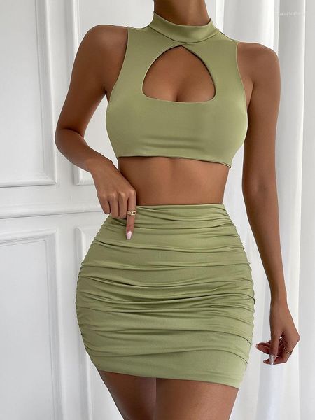 Vestidos de trabalho Fairyshely 2 PCS Sexy Ruffle Mini Dress Set 2023 Verde Profundo V Top Saias de Verão Ternos Bodycon Mulheres Partido Apertado Terno Curto