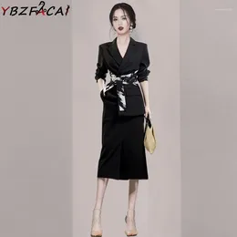 Robes de travail automne haute qualité jupe costume dame imprimer mince à manches longues veste de luxe midi 2 pièces mode coréenne blazer noir femmes