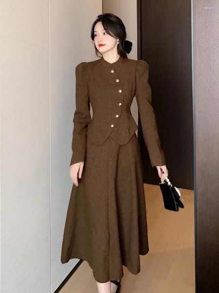 Robes de travail automne hiver deux pièces ensemble femmes Chic tempérament solide formel Vintage manches bouffantes hauts manteau taille haute jupe mi-longue tenue mince