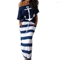 Robes de travail Fanbety femmes Sexy épaules nues deux pièces ensembles robe bateau ancre imprimé chemises rayé dame décontracté cheville-longueur