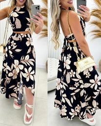 Werkjurken mode 2024 zomer casual sexy dames tweedelig sets outfit bloemenprint halter backless top spleet rok set