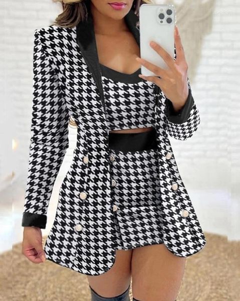 Vestidos de trabajo Conjunto de 3 piezas a la moda para mujer 2024 estampado de pata de gallo manga larga cuello chal elegante chaqueta abrigo falda con top corto