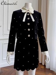 Vestidos de trabajo Fashion Black Black Slee Long Doll Collar BoCo de un solo pecho Falda corta de la cintura Corta 2024 Femeninos de invierno de otoño de otoño