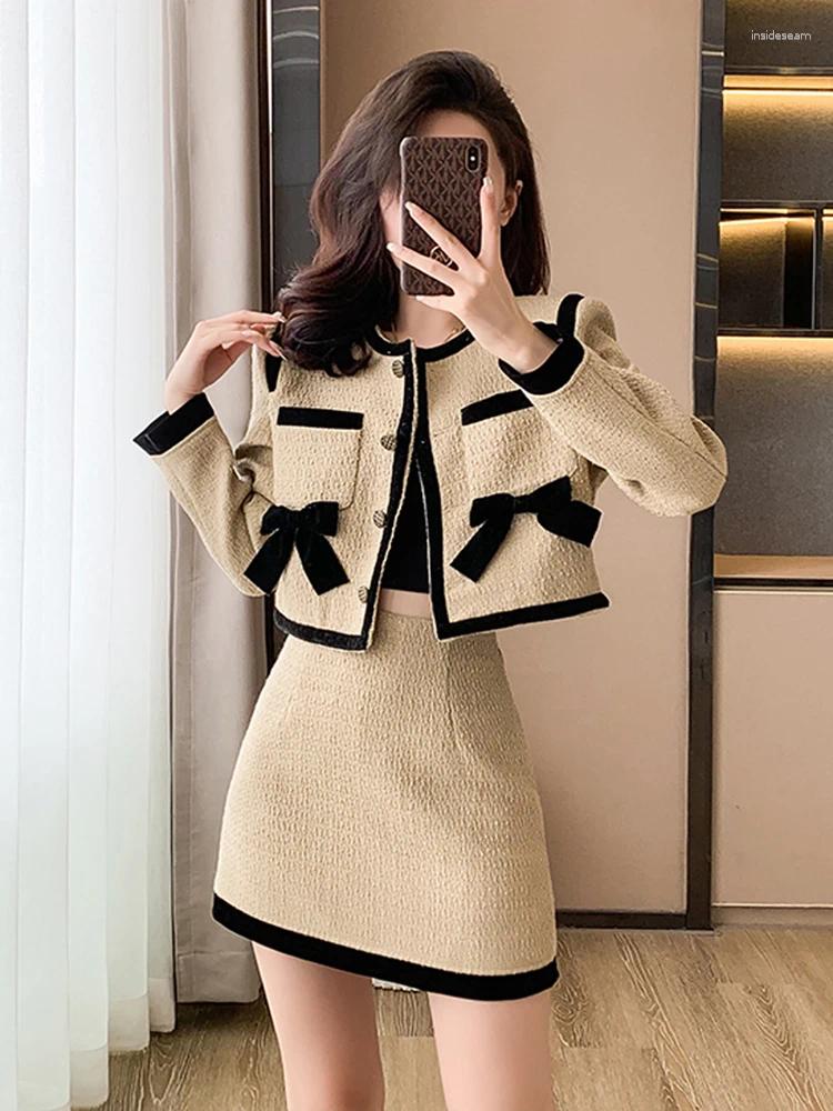 Work Dresses Fashion Elegant Tweed Two Piece Sets Small Fragrance Bow Short Jacket Cropped Coat High Waist Mini Skirts Suits Womens Outfits