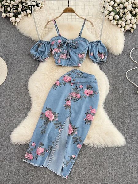 Vestidos de trabajo Moda Mujer Causal Denim Set Sexy Chic Vendaje Slim Suspender Mujeres Cintura alta Faldas con estampado de flores 2023 Verano 11XX3018